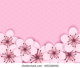 Cherry blossom, sakura branch , Top view pink flowers background. paper art style springtime background. design with shadows .Vector