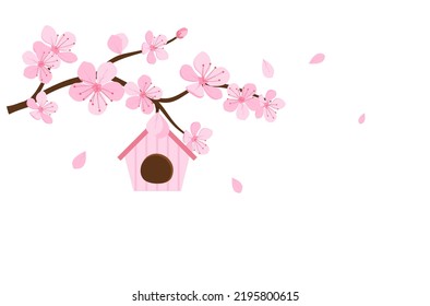 Cherry blossom Sakura flower branch and bird house isolated on white vector illustration. Wall art decoration.