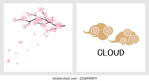Cherry blossom Sakura flower branch, flying petals and Asian gold cloud sign symbol isolated on white backgrounds vector illustration.