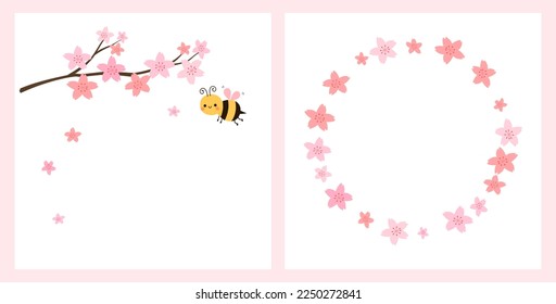 Cherry blossom Sakura flower branch with cute bee cartoon and Sakura floral wreath sign isolated on white backgrounds vector illustration.