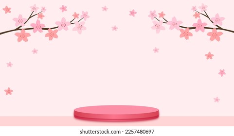 Cherry blossom Sakura flower branch, pink product background with stand, podium pedestal vector illustration. 