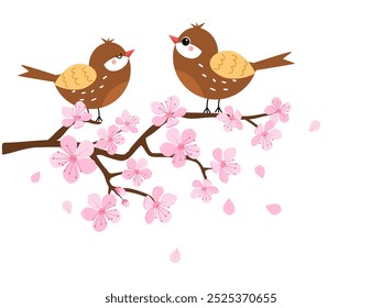 Cherry blossom Sakura flower branch and cute bird cartoons isolated on white background vector.