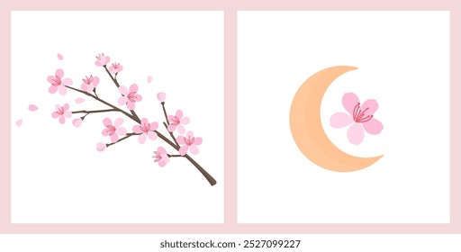 Cherry blossom Sakura flower branch, The moon and Sakura flower icon sign isolated on white backgrounds vector.