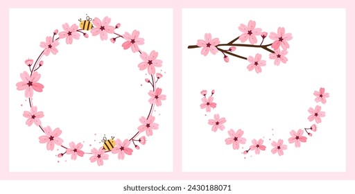 Cherry blossom Sakura flower circle and branch icon sign isolated on white backgrounds vector.