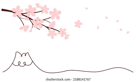 Cherry blossom Sakura flower, falling petals and Fuji mountain, one line art style vector illustration. Minimalist wall art printable.