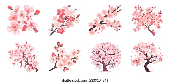 cherry blossom sakura flower, tree, branch and petals hand drawn illustration set