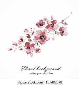 Cherry blossom. Sakura flowers. Floral background. Branch with pink flowers. Birthday card.