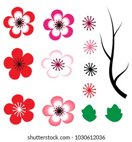 Cherry blossom or sakura  flowers of japan ,tree branch and leaves collection icon set on white background , vector,illustration , image. 