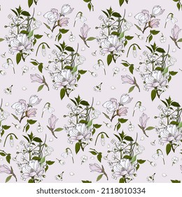 cherry blossom; sakura and magnolia seamless pattern. Delicate spring background with cherry flowers