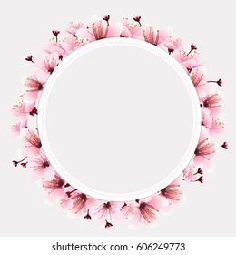 Cherry blossom, sakura pink flowers with circle frame. Image of springtime. Vector illustration.