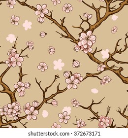 cherry blossom or sakura seamless pattern background. Vector illustration. Japanese spring background.