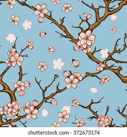 Cherry blossom or sakura seamless pattern background. Spring background. Spring flowers seamless pattern. Vector seamless pattern of cherry blossom or sakura. Japan culture.