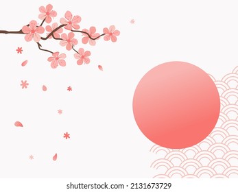 Flor de cerezo Rama de árbol sakura, sol y onda abstracta en fondo pastel ilustración vectorial.
