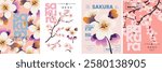Cherry blossom. Sakura. Vector illustration of isolated abstract spring pink cherry blossom twig, flowers, floral frame for poster, background, cover or card