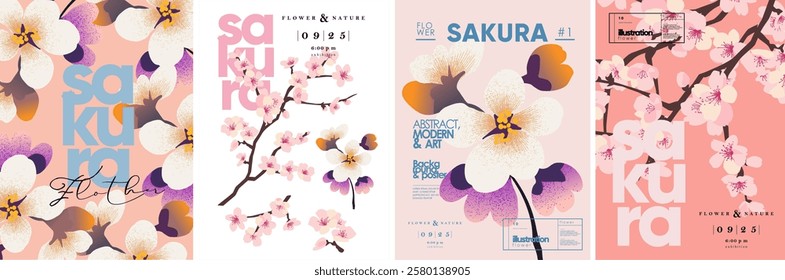 Cherry blossom. Sakura. Vector illustration of isolated abstract spring pink cherry blossom twig, flowers, floral frame for poster, background, cover or card