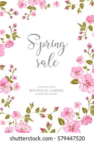 Cherry blossom sale card. Spring sale and botanical garden text over white background with sakura flower frame. Vector illustration.