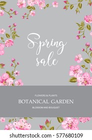 Cherry blossom sale card. Summer time and botanical garden text over gray background with sakura flower frame. Vector illustration.