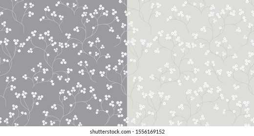 Cherry blossom seamless floral pattern. Hand drawn texture white flower branch. Romantic background for fabric, wedding invitations, textile, wallpaper. Vector, Isolated on grey and beige background