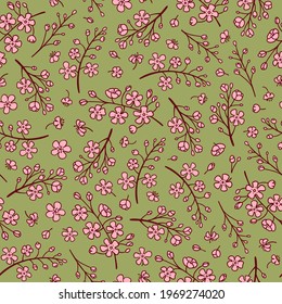 Cherry blossom seamless pattern. Blooming flowers on twigs textile design. Cherry blossom seamless pattern. Green and pink colors botanical fabric print. Retro vintage style. Cottagecore aesthetic.