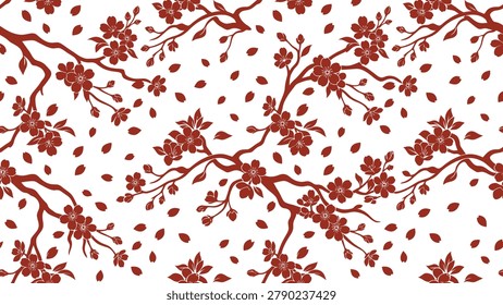 Cherry blossom seamless pattern with branches and falling petals on a white background, elegant floral design.