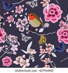 Cherry blossom seamless pattern, with butterflies and bird on the blue background