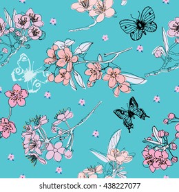 Cherry blossom seamless pattern with butterflies