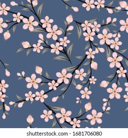 Cherry blossom seamless pattern. Elegant vector floral texture. Japanese sakura bloom. Vintage ornament with pink cherry flowers, leaves, branches on dark blue background. Repeat decorative design 