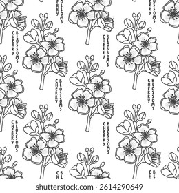 Cherry Blossom seamless pattern with graphic botanical design. Line Art twig with flowers and buds. Floral composition and handwritten on a white background. Vector print for textile, wallpaper, cover