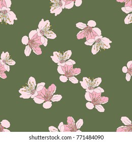 cherry blossom seamless pattern in green background 