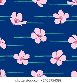 Cherry blossom seamless pattern. Japanese flowering cherry symbolic of Spring in a random arrangement square format suitable for textile. Vector illustration.