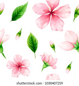 Cherry blossom. Seamless pattern of pink flowers and green leaves. Spring watercolor. Vector illustration