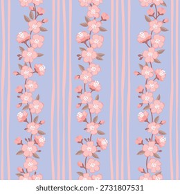 Cherry blossom seamless pattern. Pink, brown colors on blue background. Vertical stripes of jagged lines and botanical elements. Vector print on fabric and paper. Floral endless wallpaper, cover.