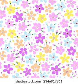 cherry blossom seamless pattern.  rainbow jasmine flowers. ditsy vintage retro floral print in pink purple orange yellow colors. good for fabric, kimono, fashion design, summer spring dress, textile.