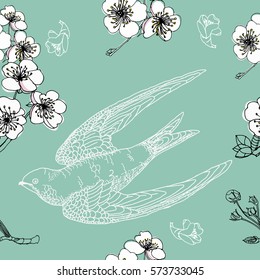Cherry blossom seamless pattern with swallow