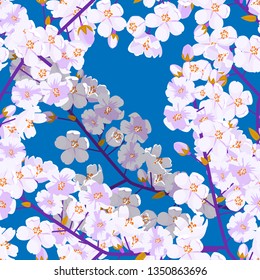 Cherry blossom seamless pattern. Textile or fabric concept Japanese flowering texture. Flat color style vector illustration.