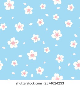 Cherry blossom seamless pattern. Vector cute spring floral print with white sakura flowers and falling petals on blue background. Natural flat texture for wrapping, fabric, decor, textile, fashion.