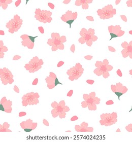 Cherry blossom seamless pattern. Vector cute spring floral print with pink sakura flowers and falling petals on white background. Natural flat texture for wrapping, fabric, decor, textile, fashion.