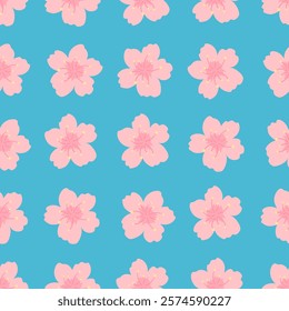 Cherry blossom seamless pattern. Vector cute spring floral print with pink sakura flowers on blue background. Natural flat texture for wrapping paper, fabric, spring decoration, textile, fashion.