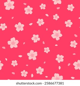 Cherry blossom seamless pattern. Vector cute spring floral print with pink sakura flowers and falling petals on red background. Natural flat texture for wrapping, fabric, decor, textile, fashion