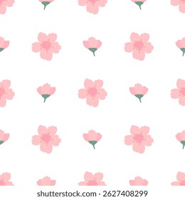 Cherry blossom seamless pattern. Vector cute spring floral print with pink sakura flowers on white background. Simple natural flat texture for wrapping paper, fabric, spring decor, textile, fashion.