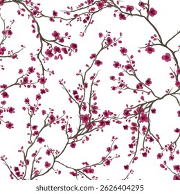 Cherry blossom seamless pattern. Watercolor spring floral print. Pink flowers of plum or cherry tree. Hand painted botanical illustration on white background. Backdrop for invitations, wallpaper.
