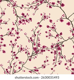Cherry blossom seamless pattern. Watercolor spring floral print. Pink flowers of plum or cherry tree. Hand painted botanical illustration on white background. Backdrop for invitations, wallpaper.
