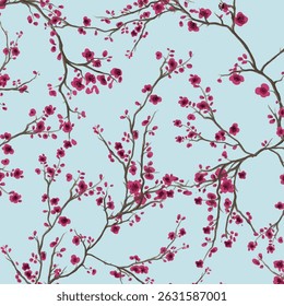 Cherry blossom seamless pattern. Watercolor spring floral print. Pink flowers of plum or cherry tree. Hand painted botanical illustration on white background. Backdrop for invitations, wallpaper.
