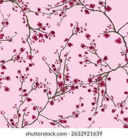 Cherry blossom seamless pattern. Watercolor spring floral print. Pink flowers of plum or cherry tree. Hand painted botanical illustration on white background. Backdrop for invitations, wallpaper.
