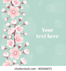 Cherry blossom seamless stripe, spring flowers. Retro vector illustration. Place for your text. Design for invitation, banner, card, poster, flyer