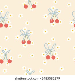 Cherry blossom seamless vector pattern with berry and flowers in simple hand drawn cartoon kawaii style. Pastel palette, soft blue background. Ideal for printing baby textiles, clothes, packaging