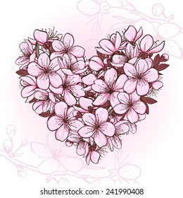 Cherry blossom in the shape of heart. Decorative floral illustration of sakura flowers