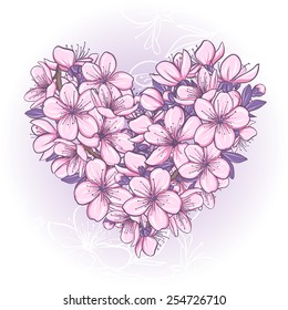 Cherry blossom in the shape of heart. Decorative floral illustration of sakura flowers