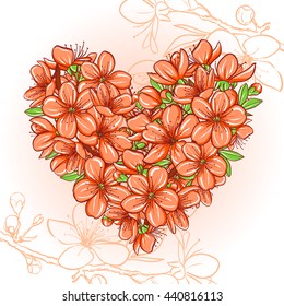 Cherry blossom in the shape of heart. Decorative floral illustration of spring flowers