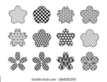 Los iconos de la forma del florecimiento del cerezo están configurados. Diseño de patrones tradicionales japoneses. Ilustración vectorial. 